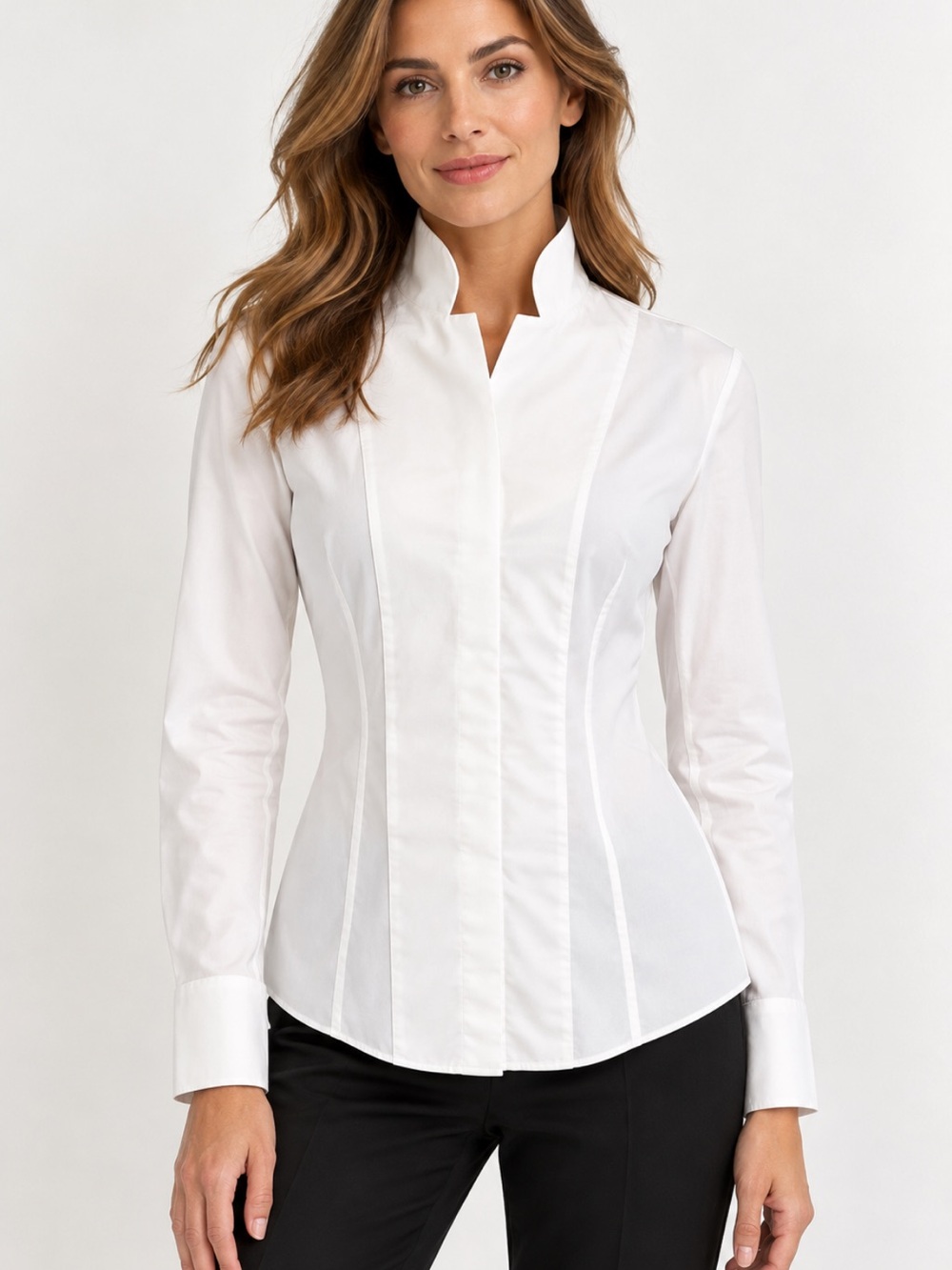 Akris White Stetch Tailored Blouse with Stand Up Collar